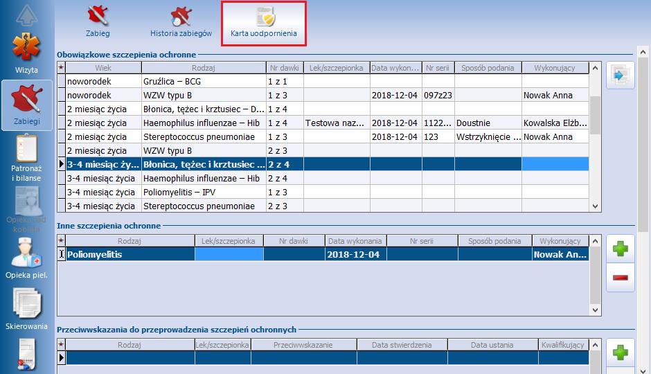 Ewidencja zabiegów Na karcie uodpornienia wpisuje się także informacje o wykonaniu innych zalecanych szczepień ochronnych, przeciwwskazaniach do wykonania szczepienia oraz o wystąpieniu niepożądanych