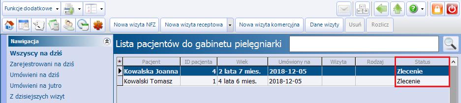 Ewidencja zabiegów Autoryzacja wizyty powoduje wygenerowanie zleceń w Gabinecie pielęgniarki.