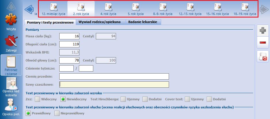 Patronaż i bilanse polu "Centyl". Następnie, centyle są automatycznie przenoszone na poszczególne wykresy siatek centylowych. Uwaga!