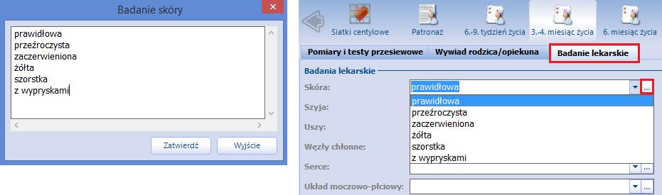 W tym celu należy utworzyć bilans dla wieku i przejść na zakładkę Badanie lekarskie. W sekcji o tej samej nazwie znajdują się pola do opisania badania np. skóra, szyja, uszy, serce.