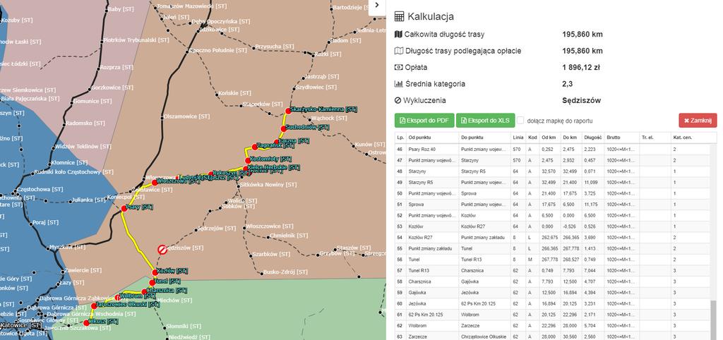 - średnia kategoria (średnia kategoria odcinków linii kolejowych dla trasy pociągu). oraz tabelaryczne zestawienie trasy (od punktu do punktu). Uzyskane wyniki można eksportować do pliku w formacie.