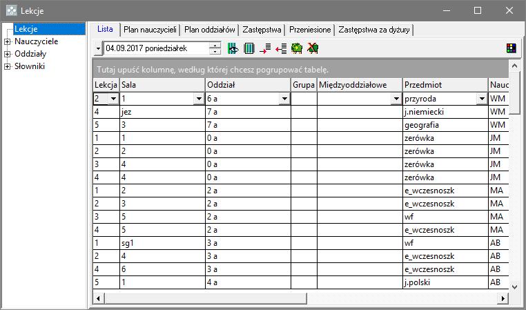 Jak rozpocząć pracę z programem Zastępstwa Optivum? 2/12 drzewa danych (po lewej stronie) i przeglądarki (po prawej stronie).