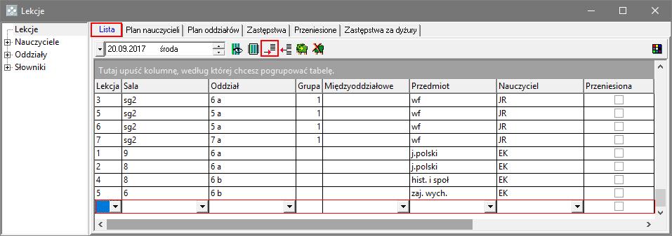 Jak rozpocząć pracę z programem Zastępstwa Optivum? 8/12 3. Za pomocą ikony dodaj wiersz do tabeli i opisz lekcję. Wprowadzając dane, korzystaj z list rozwijanych.