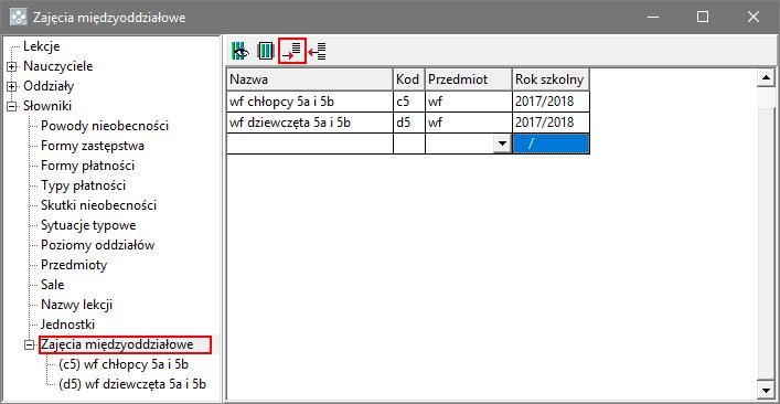Dodaj wiersz do tabeli i opisz zajęcia. 3. Wybierz dodane zajęcia w drzewie danych (gałąź Słowniki/ Zajęcia międzyoddziałowe/ [ ]). 4.