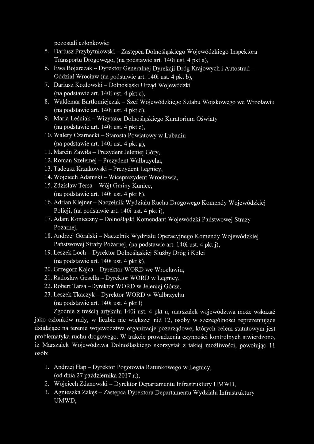 140i ust. 4 pkt c), 8. Waldemar Bartłomiej czak - Szef Wojewódzkiego Sztabu Wojskowego we Wrocławiu (na podstawie art. 140i ust. 4 pkt d), 9.