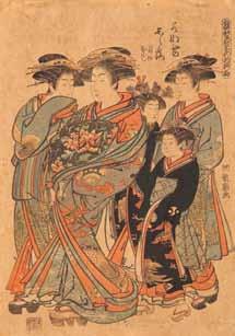 80 Isoda Koryūsai (czynny ok. 1764 1788) Oiran, kurtyznana wysokiej rangi ze służkami kamuro, Rycina z cyklu: Hinagata wakana-no hatsu moyō, (Przykładowe wzory wiosennej zieleni), ok. 1780 r.