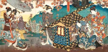 Matsumoto Kisaburo, wystawianego w 1855 z wielkim powodzeniem w teatrze Asakusa Okuyama. W tryptyku stworzonym przez Kuniyosheigo widzimy kurtyzanę Mayuzumi szykującą się do święta Yoshiwara karitaku.