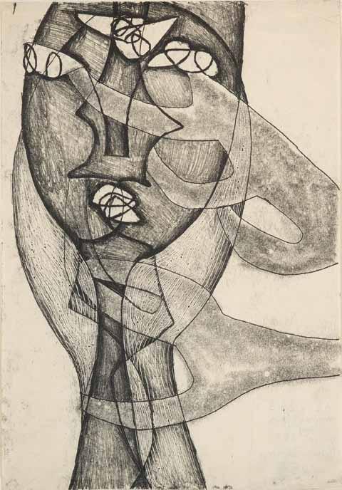 125 Maria Jarema (1908 Stary Sambór 1958 Kraków) Kompozycja z cyklu "Głowy", 1955 r. monotypia/papier, 42 x 29,5 cm sygnowany i datowany na odwrociu: '42 x 29,5 monotypia "Głowy" nr. kat.