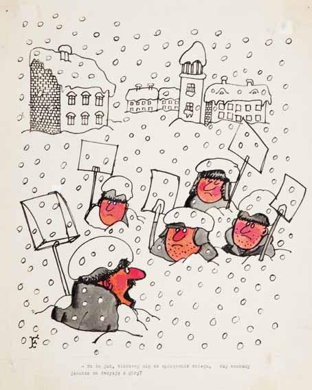 136 Jerzy Flisak (1930 2008 Warszawa) "No to jak, bierzemy się za sprzątanie śniegu" tusz, akwarela/papier, 37 x 29,5 cm sygnowany inicjałem l. d.