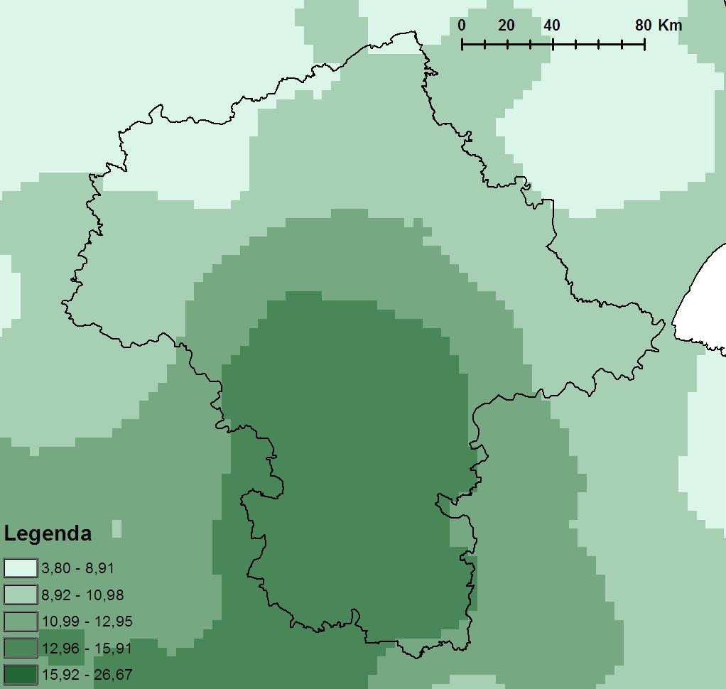 AZOT OGÓLNY Rys. 8. Roczne ładunki jednostkowe azotu ogólnego [w kg N/ha] wniesione przez opady atmosferyczne w 2014 r.