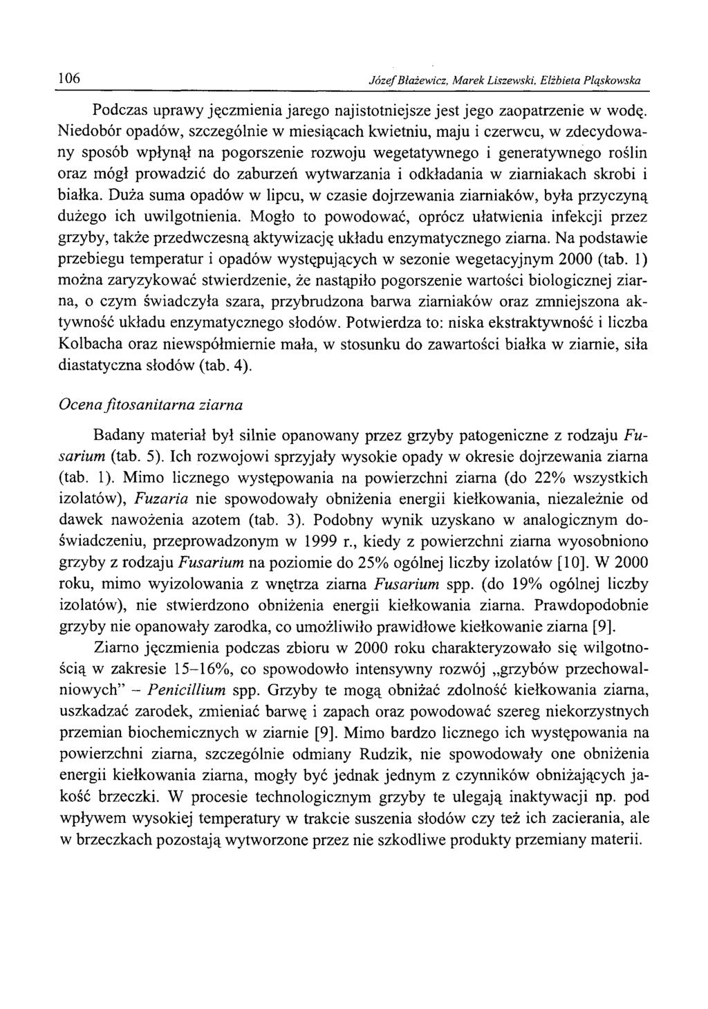 106 Jó zef Błażewicz, M arek Liszewski, Elżbieta Pląskwska Pdczas uprawy jęczmienia jareg najisttniejsze jest jeg zapatrzenie w wdę.