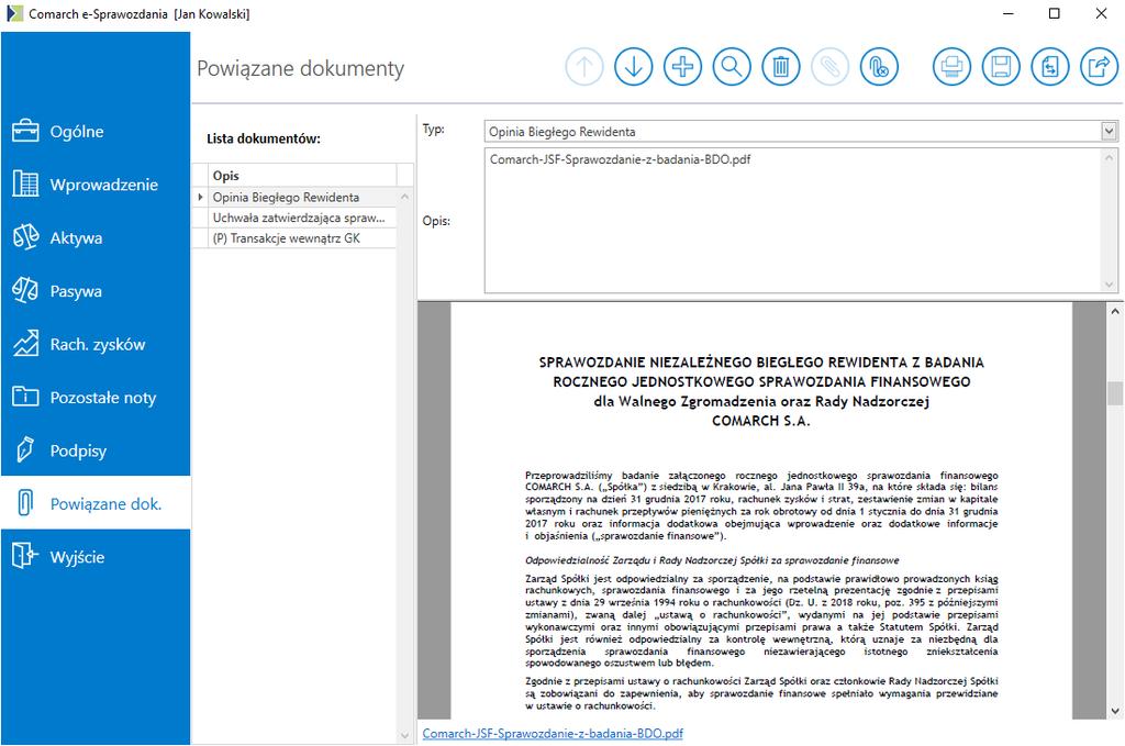 Rys 36. Lista powiązanych dokumentów Podobnie jak w przypadku pozostałych not podgląd dokumentu jest widoczny bezpośrednio w oknie aplikacji.