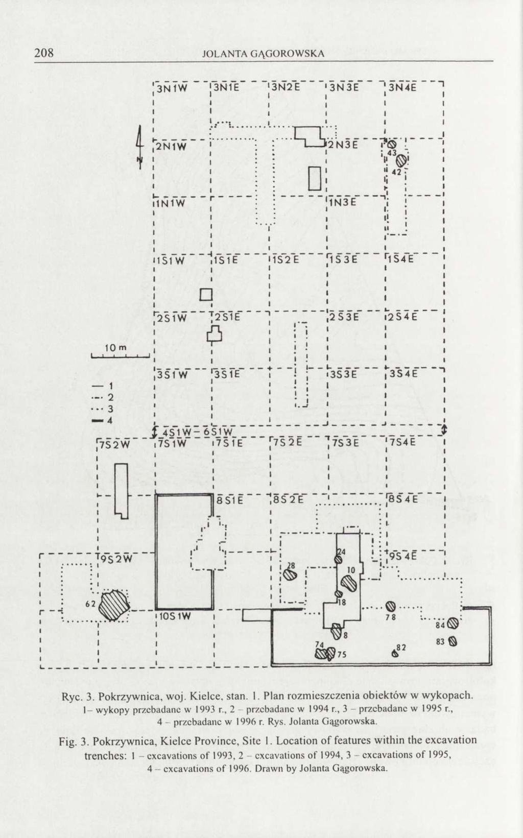 208 JOLANTA GĄGOROWSKA Ryc. 3. Pokrzywnica, woj. Kielce, stan. 1. Plan rozmieszczenia obiektów w wykopach. 1- wykopy przebadane w 1993 г., 2 - przebadane w 1994 г., 3 - przebadane w 1995 г.