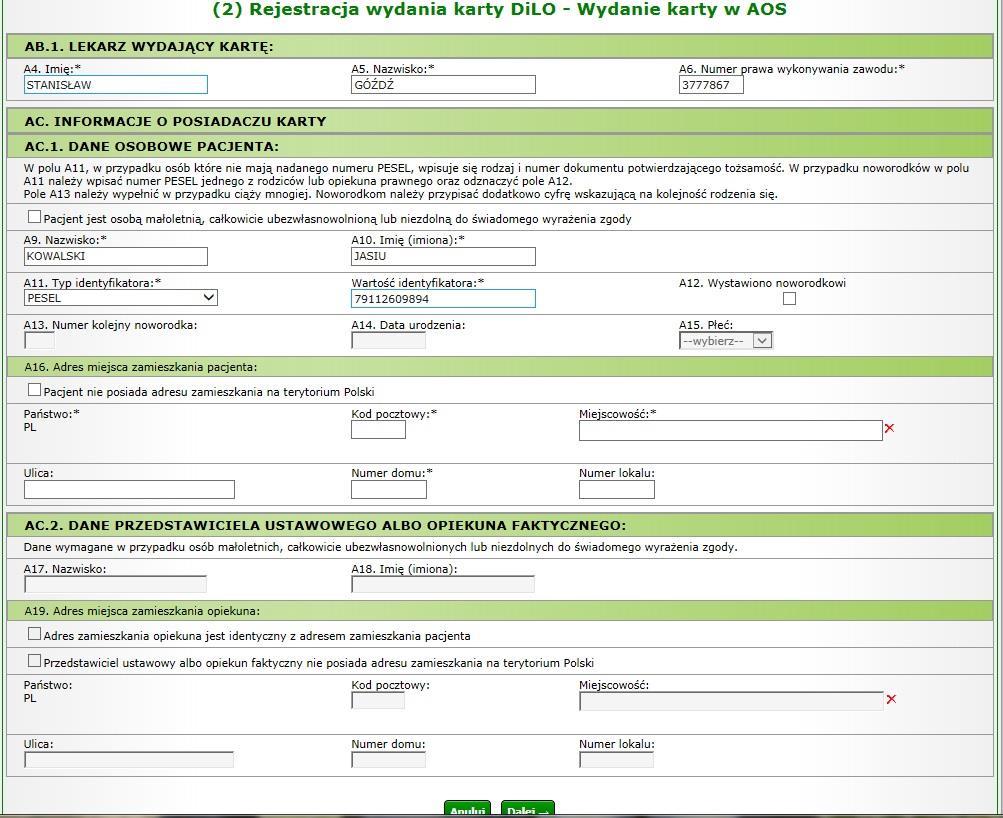 Wydanie karty przez lekarza AOS i SZP