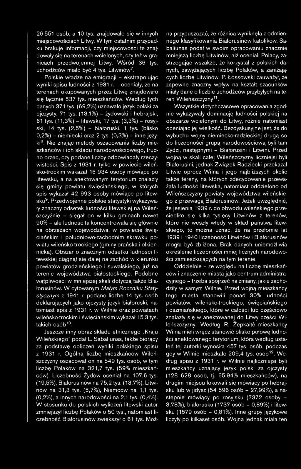 Polskie władze na emigracji - ekstrapolując wyniki spisu ludności z 1931 r. - oceniały, że na terenach okupowanych przez Litwę znajdowało się łącznie 537 tys. mieszkańców. W edług tych danych 371 tys.