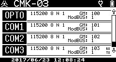 COMMON SA Instrukcja obsługi i DTR CMK-03 Aktualne parametry portów COM/OPTO. Parametry fizyczne: prędkość, bity danych, parzystość, bity stopu.