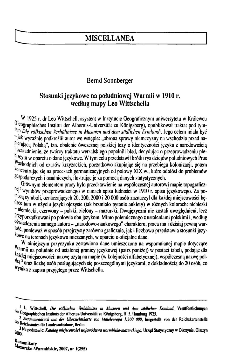 M IS C E L L A N E A Bernd Sonnberger Stosunki językowe na południowej W arm ii w 1910 r. według mapy Leo Wittschella W 1925 r.