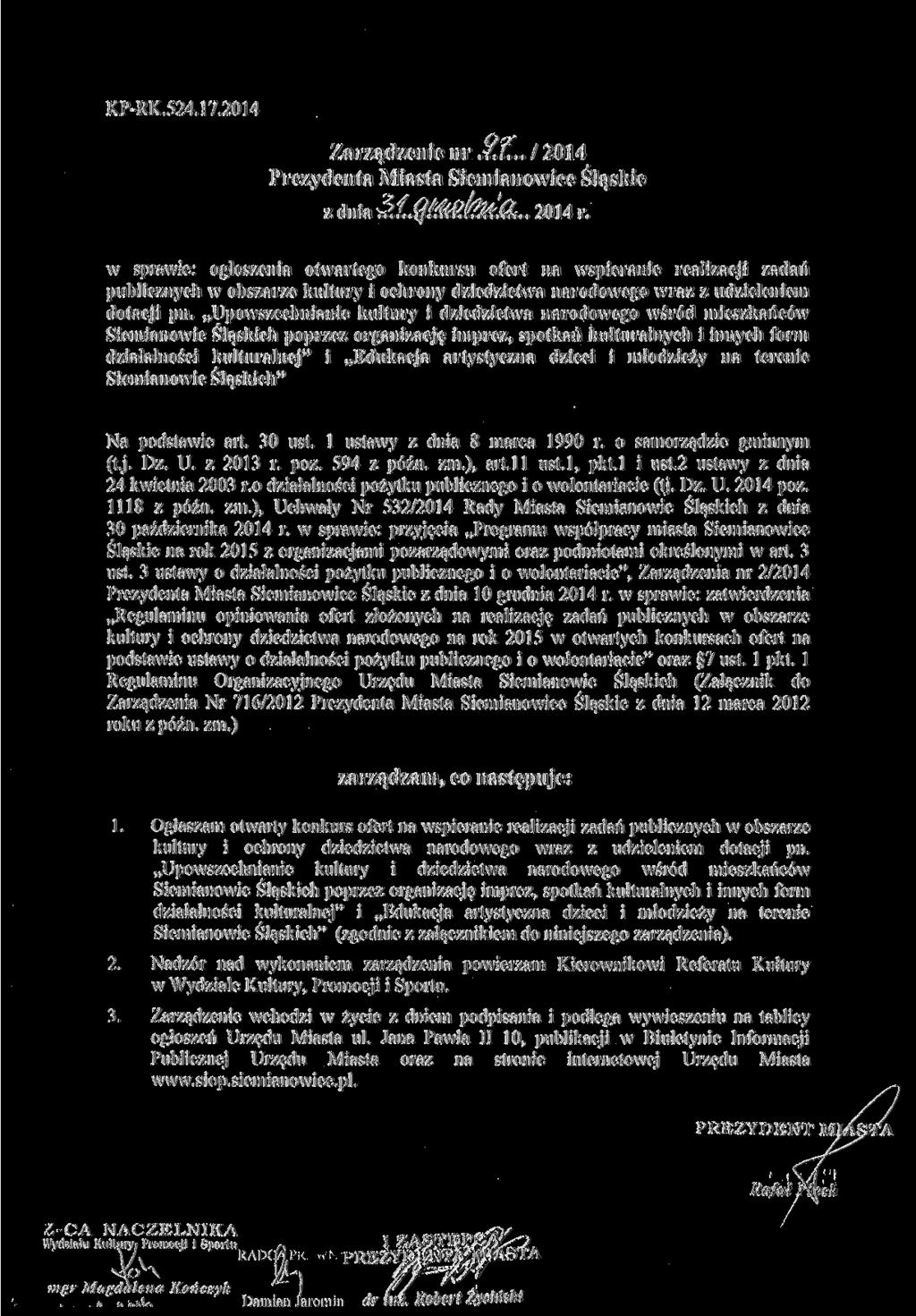 KP-RK.524.17.2014 Zarządzenie nr.-?.?... 12014 Prezydenta Miasta Siemianowice Śląskie z dnia 3L$ł&P.fó&.&.. 2014 r.