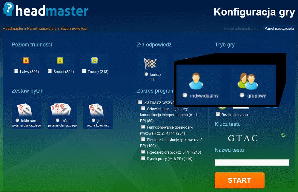 Wybór trybu rozgrywki Przed rozpoczęciem rozgrywki, konieczne jest wybranie trybu rozgrywki: grupowego lub indywidualnego. W trybie indywidualnym, każdy uczestnik sam rozwiązuje test.