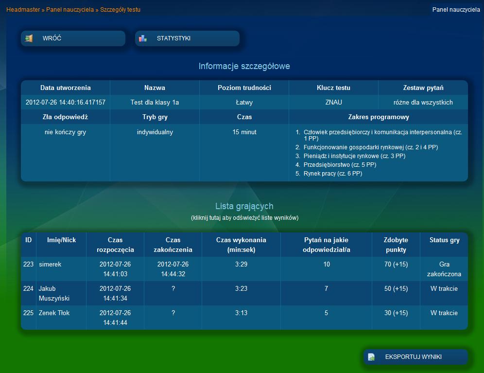 Rysunek 21. Podgląd wyników testu W górnej tabelce znajdują się podstawowe dane o teście: data utworzenia, nazwa, konfiguracja poziomu trudności oraz zakresu materiału etc.