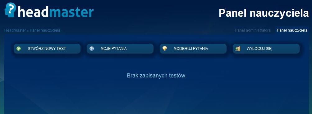 Rysunek 10: Panel nauczyciela brak zapisanych testów Uruchomienie gry HeadMaster wymaga wykonania kilku określonych kroków, w celu zdefiniowania