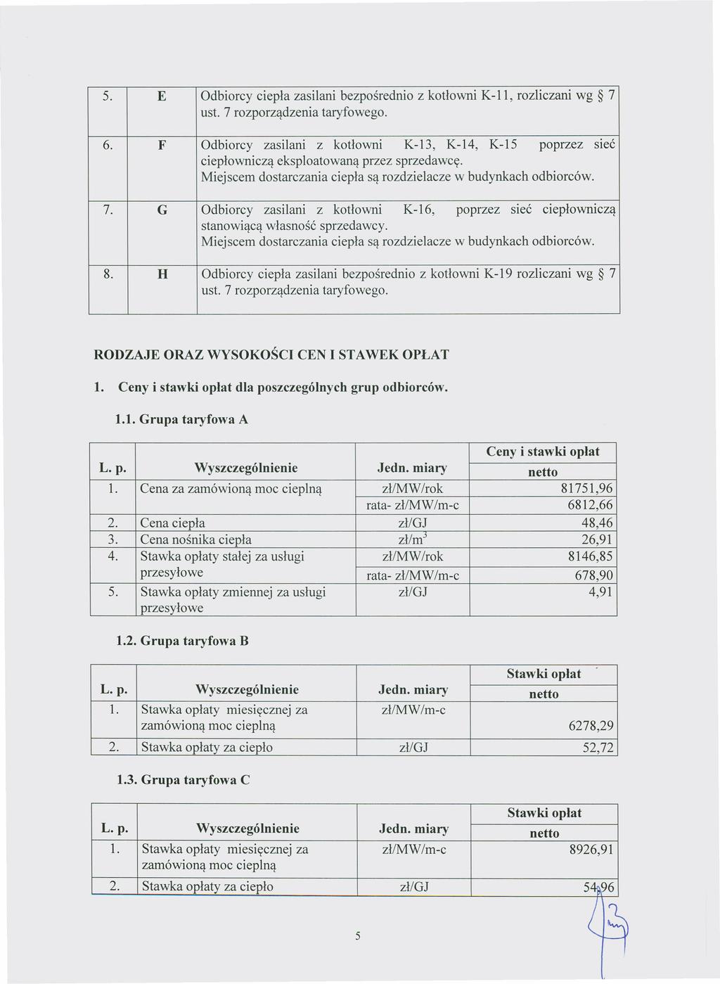 Dziennik Urzędowy Województwa Zachodniopomorskiego 6 Poz. 2419 5. E Odbiorcy ciepła zasilani bezpośrednio z kotłowni K-11, rozliczani wg 7 ust. 7 rozporządzenia taryfowego. 6. F Odbiorcy zasilani z kotłowni K-13, K-14, K-15 poprzez sieć ciepłowniczą eksploatowaną przez sprzedawcę.