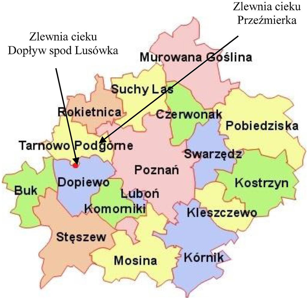 Administrative localization of Dopływ spod Lusówka and Przeźmierki catchments W analizowanych zlewniach dominują gleby płowe i rdzawe oraz czarne ziemie, wytworzone z piasków słabogliniastych (zlewni