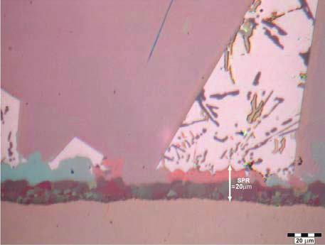 Microstructure of sample #1539, cross-section 226D/, after 15 min of wetting tests: a) panoramic view of the drop; b),e) centre of the drop; c) right side of the drop; d) left side of the drop W