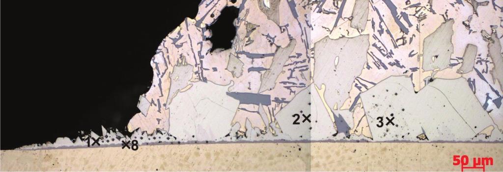 Al(Si) stykającej się z podłożem wyniki pomiaru mikrotwardości badanych par mate- hardness tests of the tested material pairs at 2 µm (rys. 15c).