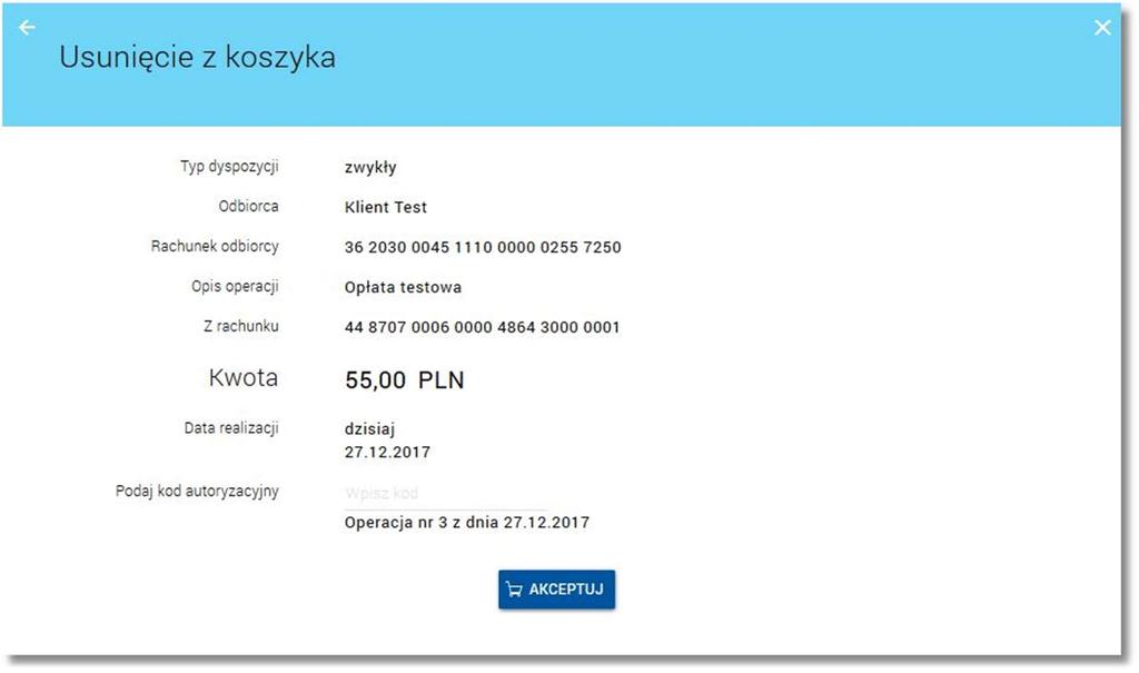 Page14 Po akceptacji akcji usunięcia przelewu z koszyka zostanie zaprezentowana formatka potwierdzająca usunięcie dyspozycji z koszyka przelewów.