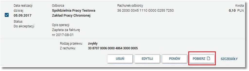 Page22 Po wyborze przycisku zaprezentowany zostanie wydruk dyspozycji złożenia przelewu w formacie pdf.