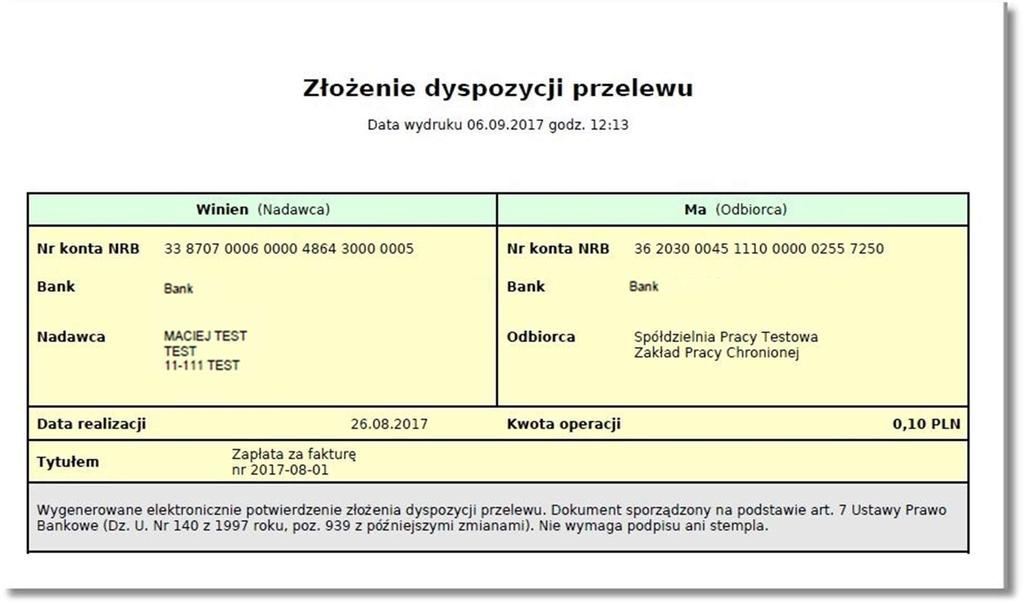 W przypadku dyspozycji doładowania prezentowane jest potwierdzenie przelewu realizującego doładowanie. Przykładowy ekran złożenia dyspozycji przelewu w formacie pdf: 3.1.8.