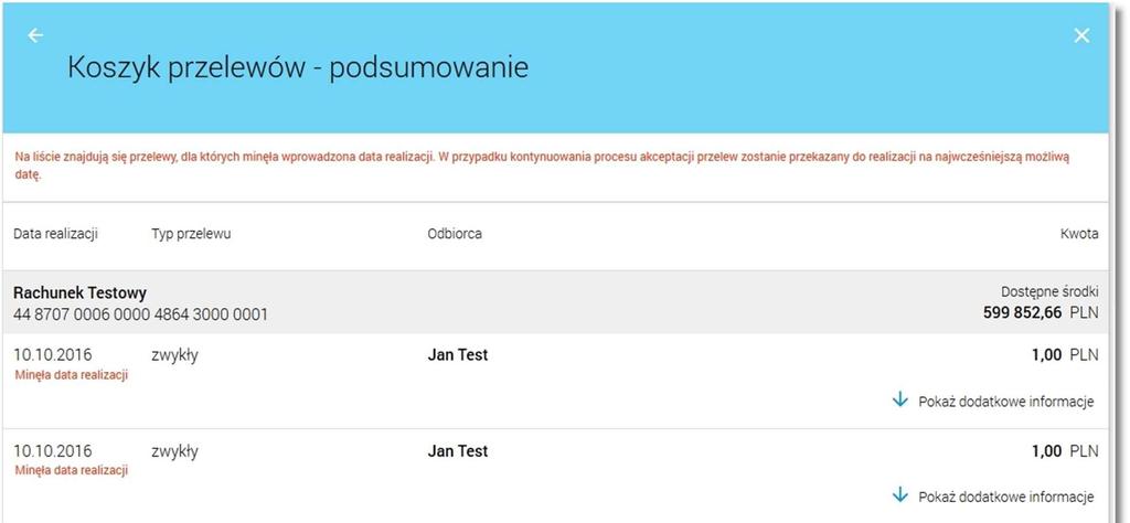 Page26 Po akceptacji każdy przelew obsługiwany jest jak osobna transakcja, przelewy widoczne są tak, jak inne transakcje w systemie - w historii operacji.