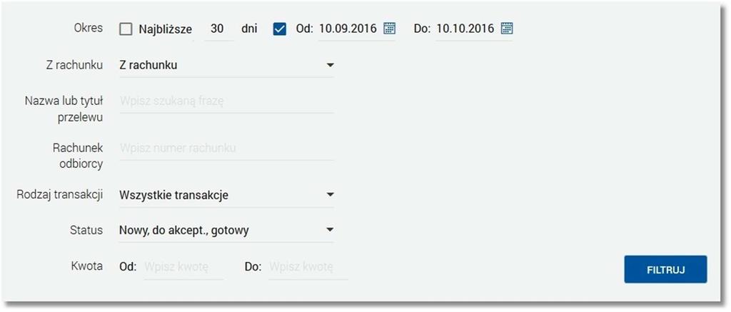 Page4 Najbliższe... dni - w polu należy wprowadzić liczbę dni wprzód (od daty bieżącej), dla których mają zostać zaprezentowane przelewy.