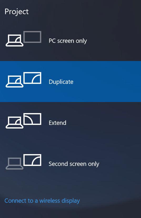 3 Wybierz jeden z następujących trybów wyświetlania: Tylko ekran komputera PC Duplikuj Rozszerz Tylko drugi