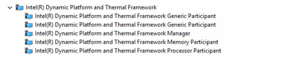 Sterowniki urządzeń Technologia Intel Dynamic Platform and Thermal Framework W Menedżerze urządzeń (Device Manager), sprawdź, czy jest zainstalowana Platforma dynamiczna Intel (Intel Dynamic