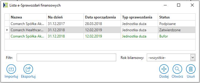 Rys 12. Lista sprawozdań finansowych Przechowywana w bazie lista sprawozdań finansowych niekoniecznie musi dotyczyć wybranej Firmy. Możliwe jest zaimportowanie dowolnego sprawozdania np.