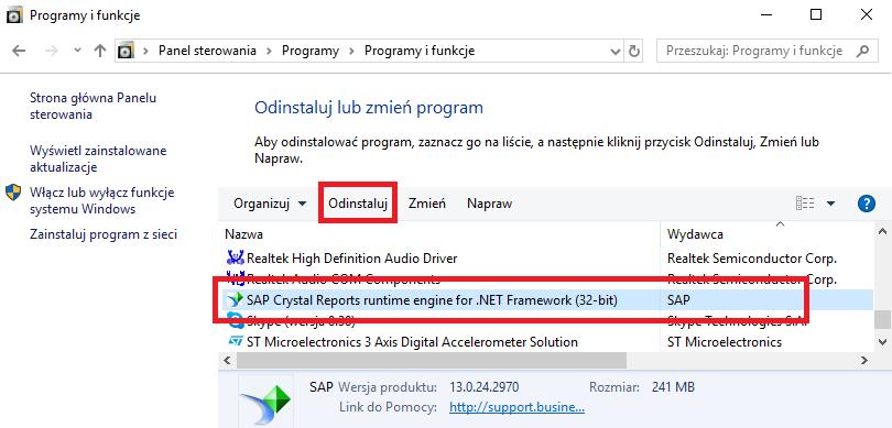 W panelu sterowania należy odinstalować istniejące sterowniki Crystal Reports o ile takie były już wcześniej
