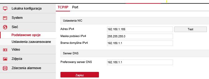 Sieć: Ustawienia sieciowe, konfiguracja WiFi Ważne: Po uruchomieniu kamery zalecamy zmianę adresu ip kamery, aby w