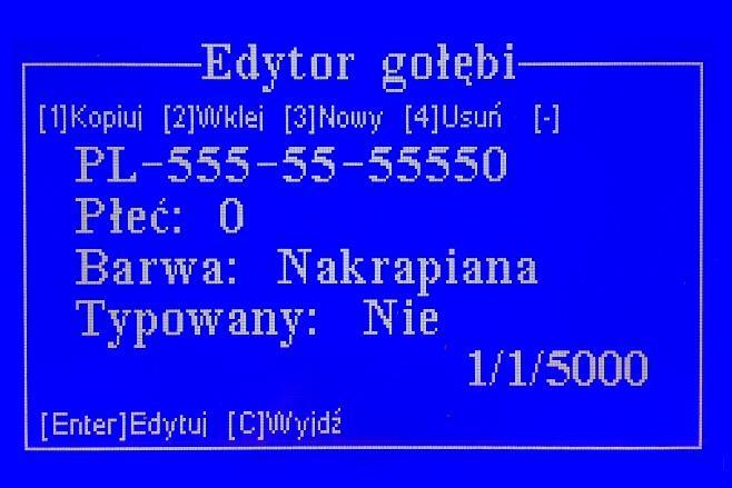 Rys. 3.9 Spis gołębi Edytor gołebi Kursorami (góra), (dół) lub przy pomocy funkcji szybkiego wyszukiwania (rys. 3.9), wybieramy gołębia ze spisu, którego chcemy zmodyfikować.