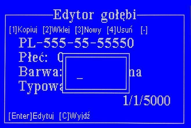 1.1. Rys. 3.10 Edytor gołebi szybkie wyszukiwanie gołębia Szybkie wyszukiwanie gołębia w spisie możemy wykonać po naciśnięciu przycisku (w lewo). Na ekranie ukaże się okienko (rys. 3.10) w którym należy z klawiatury alfanumerycznej wprowadzać, kolejno od najstarszej, ostatnie pięć cyfr numeru rodowego.