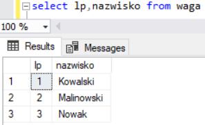 Wyświetlenie wybranych rekordów 1. 2. Statement zapytanie = con.createstatement(); 3. String sql="select lp,nazwisko from waga"; 4. ResultSet wynik_zapytania = zapytanie.