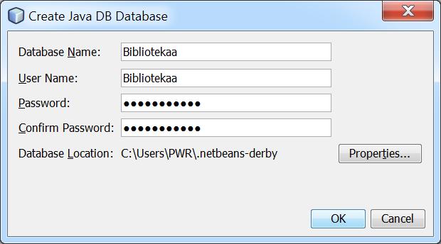 2. Zakładanie pustej bazy danych Bioblioteka w systemie baz danych Derby
