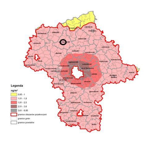 Rysunek 1. Rozkład średniorocznych stężeń na terenie strefy mazowieckiej z uwzględnieniem miasta Ciechanów.