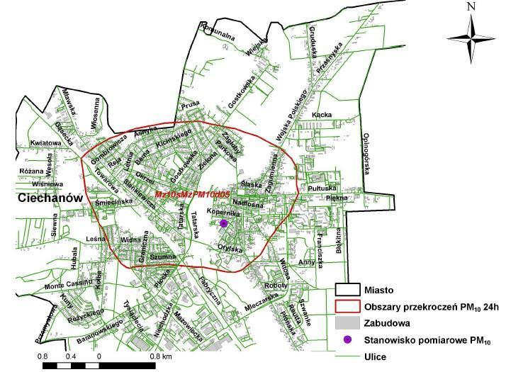 Obszar przekroczeń Mz10sMzPM10d05 zlokalizowany jest w Ciechanowie i obejmuje przeważającą część obszaru zabudowanego miasta.