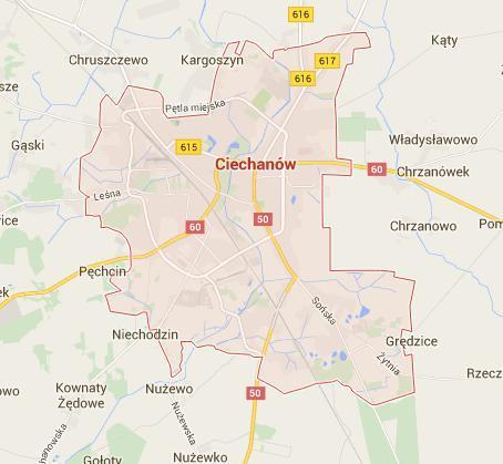Rysunek 4 Rozkład dróg na terenie miasta Ciechanów (Źródło: Google Maps) Inwentaryzacja opiera się na dwóch źródłach emisji: tranzycie, w ramach którego inwentaryzowana jest emisja z pojazdów
