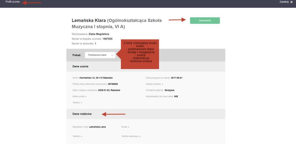 Profil Ucznia Uczeń logując się do dziennika, rozwijając listę przy swoich danych ma do wyboru podgląd swojego profilu, możliwość zmiany hasła oraz wylogowania się z systemu.