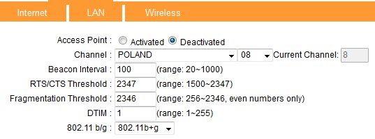 Channel i RTS/CTS Threshold. RTS/CTS Threshold i 802/11 b/g. Na rysunku przedstawiony został panel konfiguracyjny rutera.
