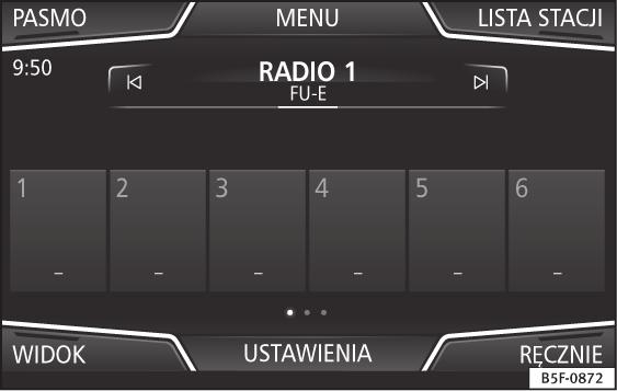 Radiotekst wyświetla się w górnej połowie ekranu nad przyciskami stacji rys. 23 A. Wyświetlanie radiotekstu można wyłączyć w Ustawienia FM strona 36.