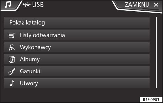 Informacja Utwory, foldery i listy odtwarzania można również wybierać poprzez pokręcenie pokrętłem regulacyjnym i wywoływać lub otwierać poprzez naciśnięcie. Widok bazy danych Rys.